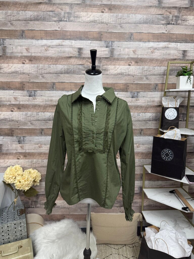 NWT Avara Olive Green Pintucked Ruffle Long Sleeve