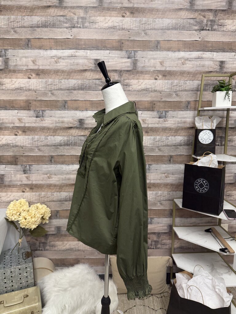 NWT Avara Olive Green Pintucked Ruffle Long Sleeve