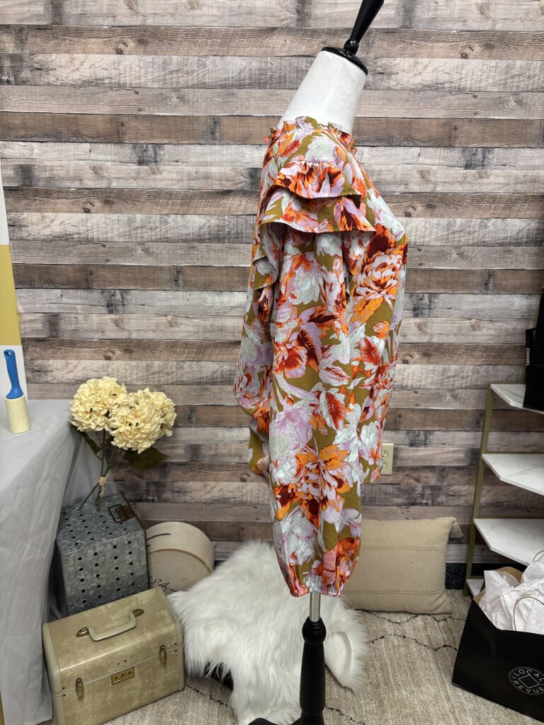 Oddi Orange & Pink Floral Print Ruffle Shoulder