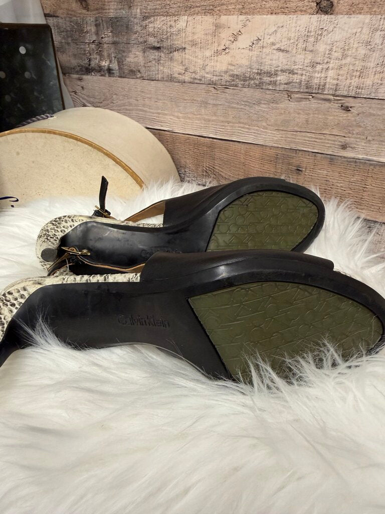 Calvin Klein Black Leather Snakeskin Pattern Slingback Heels