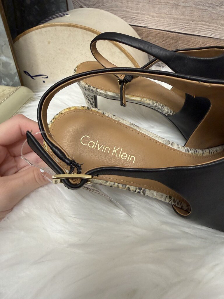 Calvin Klein Black Leather Snakeskin Pattern Slingback Heels
