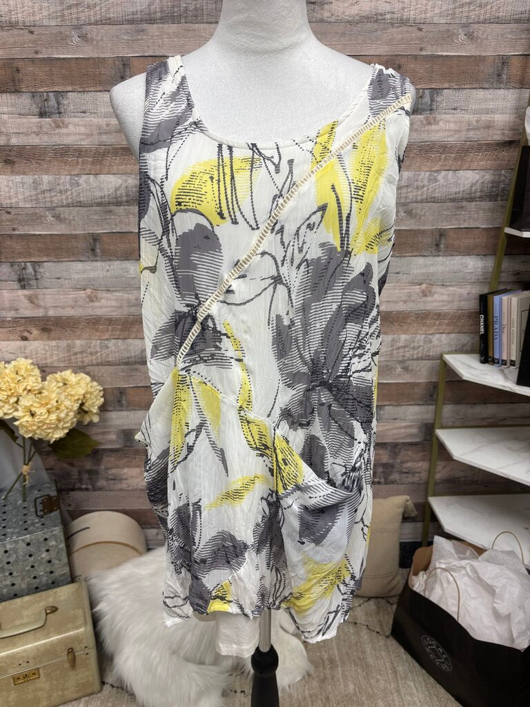 Yellow & Grey Floral Print Sleeveless Draped Top