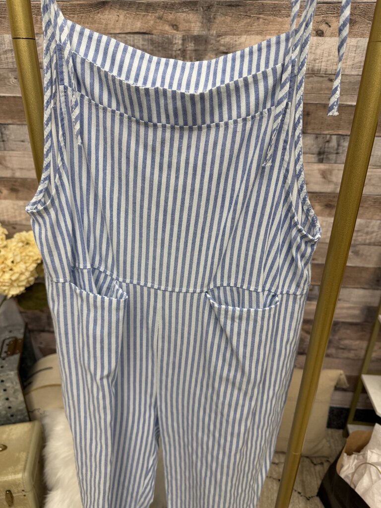 Blue & White Striped Overall-Style Cotton Jumpsuit