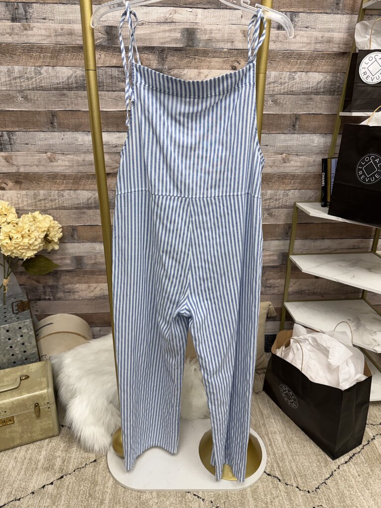 Blue & White Striped Overall-Style Cotton Jumpsuit