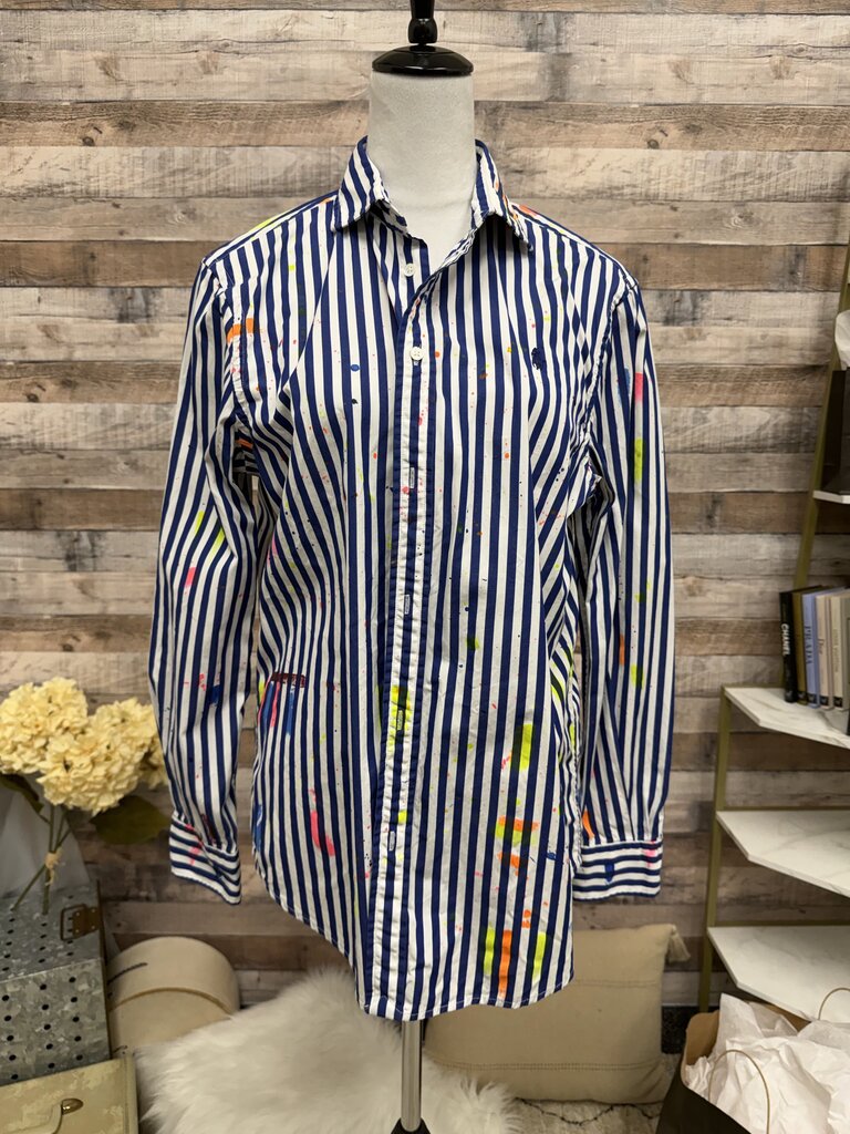 Polo Ralph Lauren 'Relaxed Fit' Blue & White Striped Paint Splatter Button-Down Shirt