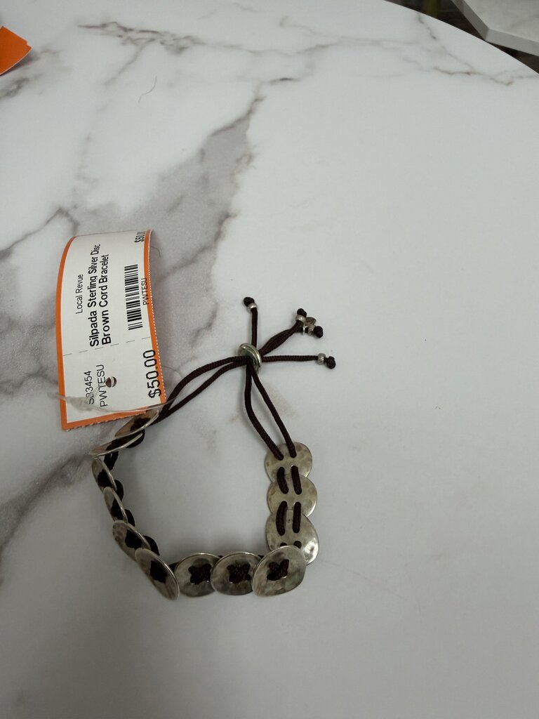 Silpada Sterling Silver Disc Brown Cord Bracelet