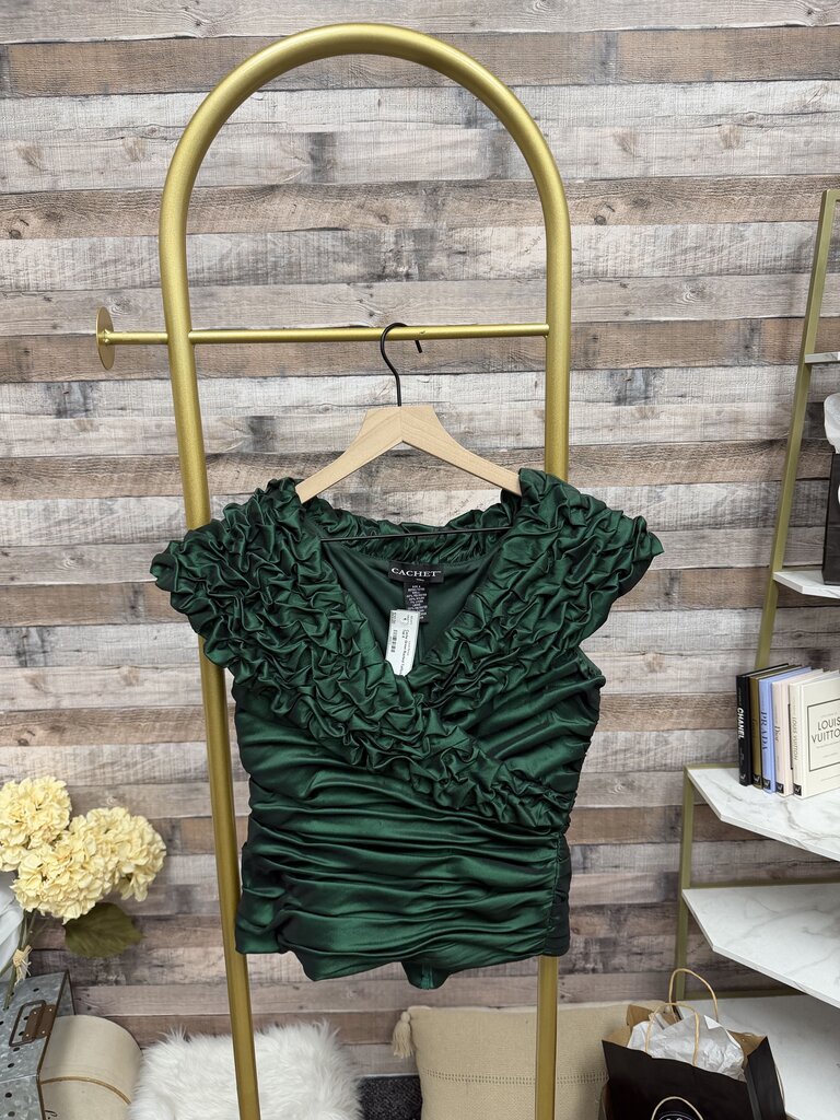 Cache Green Ruched Taffeta Top