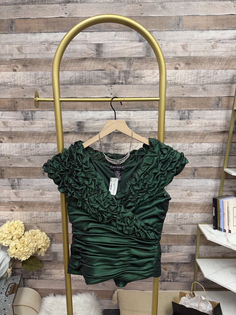Cache Green Ruched Taffeta Top