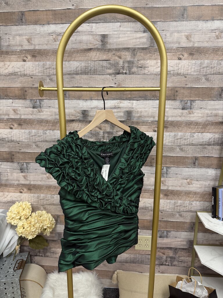 Cache Green Ruched Taffeta Top