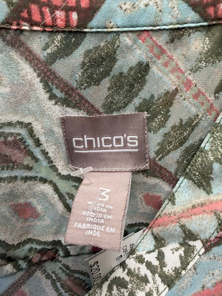 Chico's Green/Peach Tie Front Long Sleeve Blouse