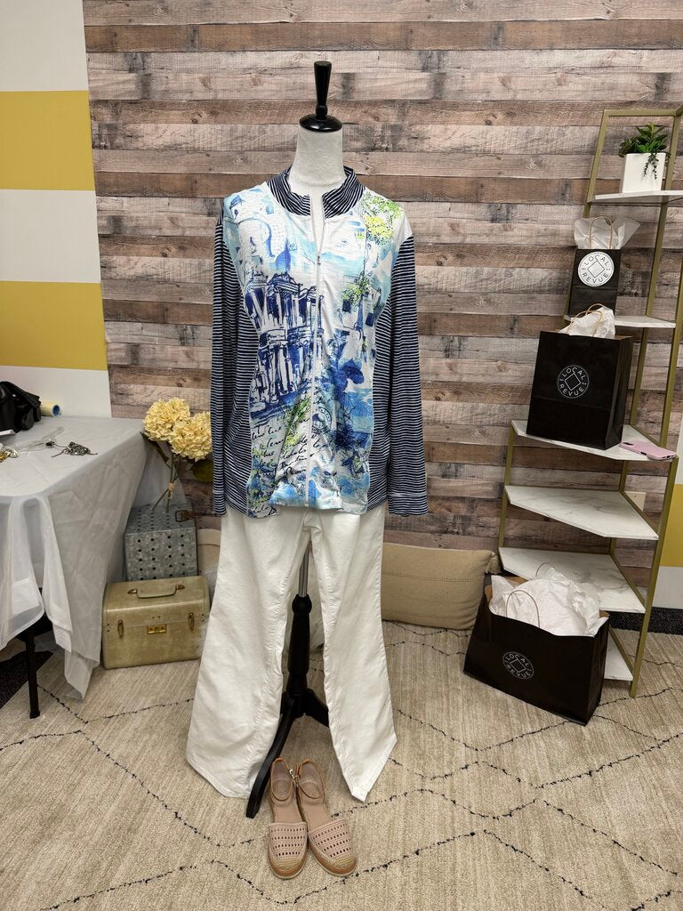 Zenergy by Chico's Navy & White Stripe Sleeve Full Zip