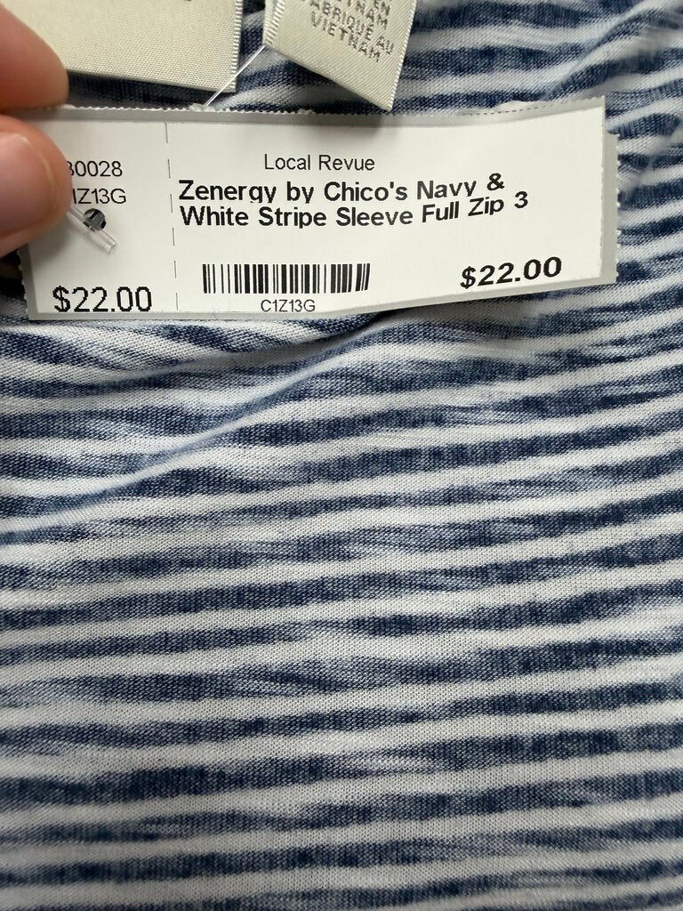 Zenergy by Chico's Navy & White Stripe Sleeve Full Zip