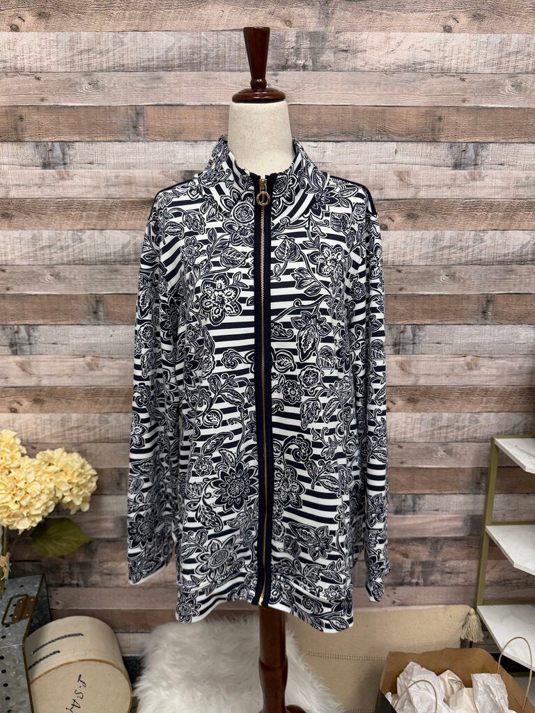 Jones New York Black & White Floral/Stripe Print