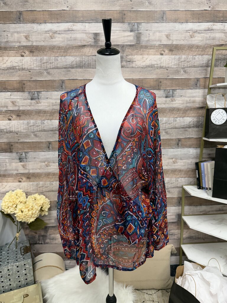 Chico's Red & Blue Sheer Paisley Print Wrap