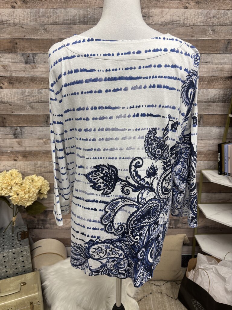 Chico's Cotton Navy & White Paisley 3/4 Sleeve
