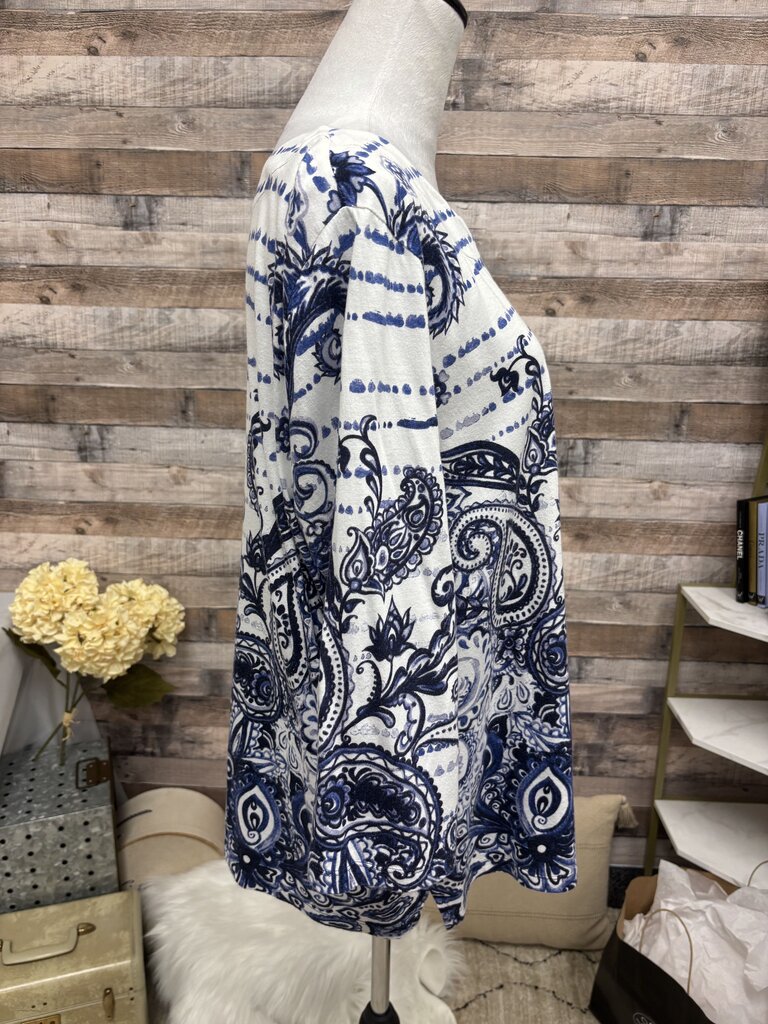 Chico's Cotton Navy & White Paisley 3/4 Sleeve