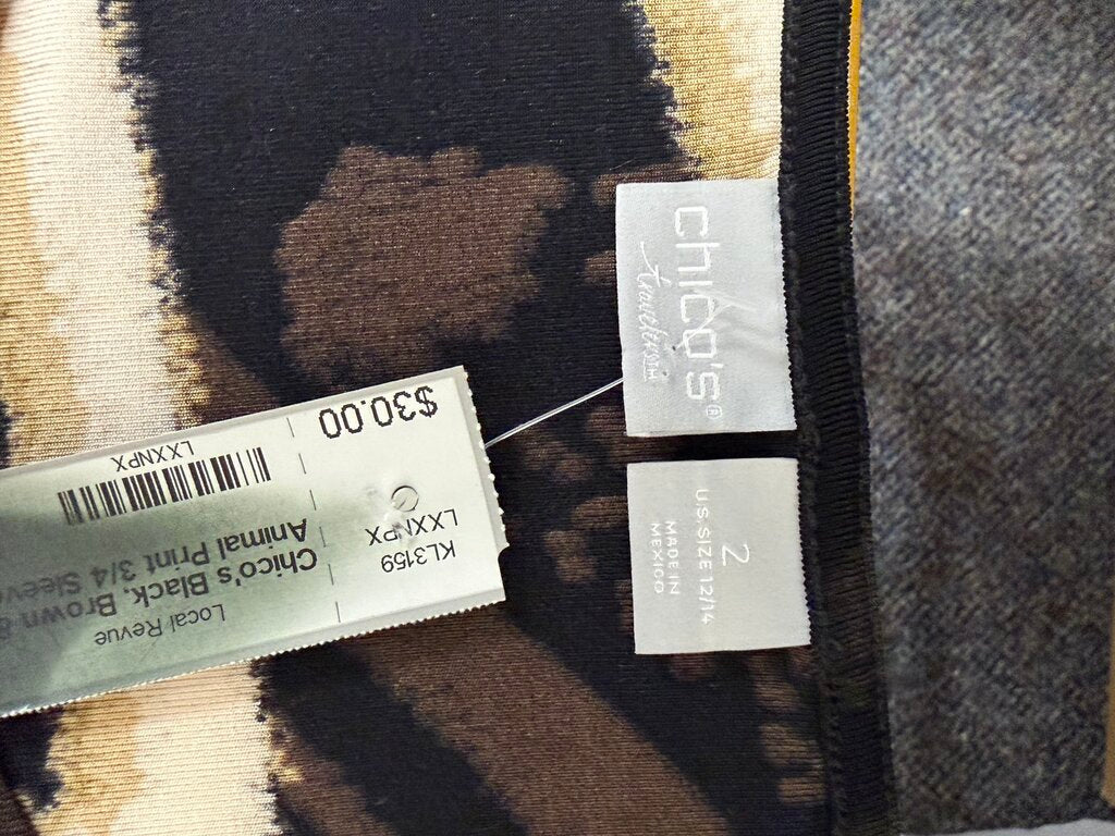 Chico's Black, Brown & Gold Animal Print 3/4 Sleeve Shift