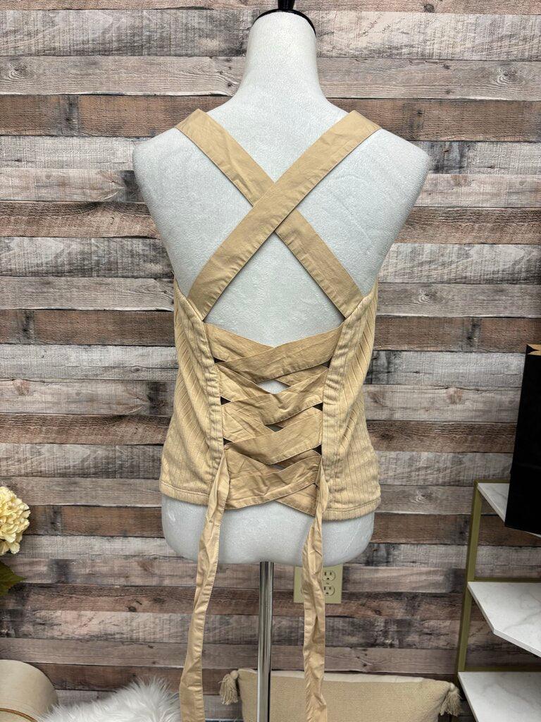 Anthro Porridge Tan Ribbed Tank w/Lattice Back