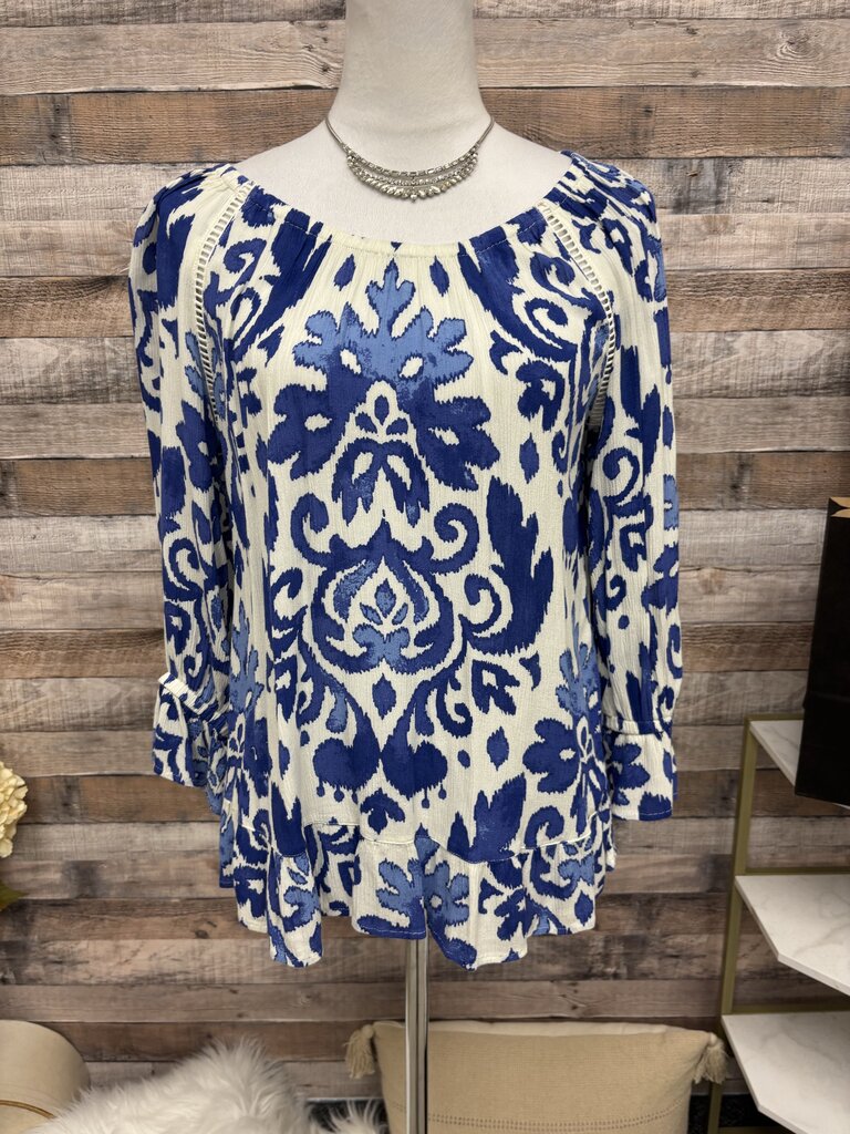 INC Royal Blue & White Peasant Blouse