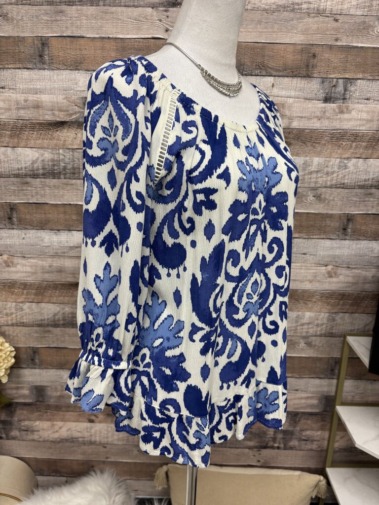 INC Royal Blue & White Peasant Blouse