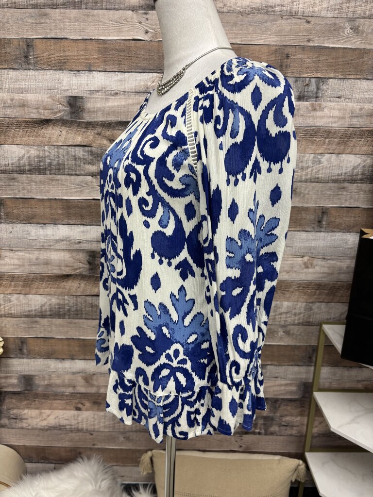 INC Royal Blue & White Peasant Blouse