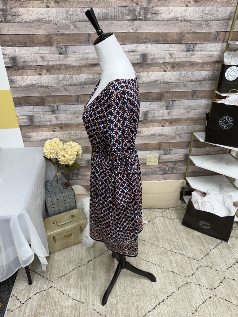 Navy & Coral Geo Print Elastic Waist V-Neck Dress