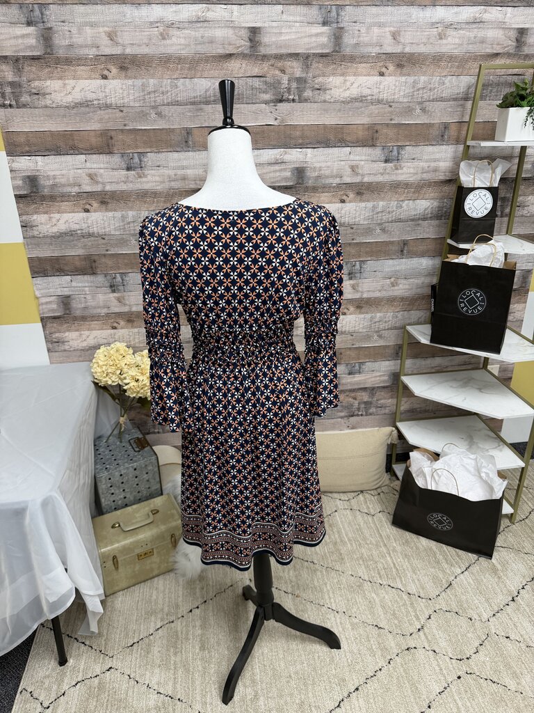 Navy & Coral Geo Print Elastic Waist V-Neck Dress