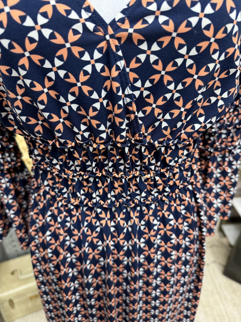 Navy & Coral Geo Print Elastic Waist V-Neck Dress