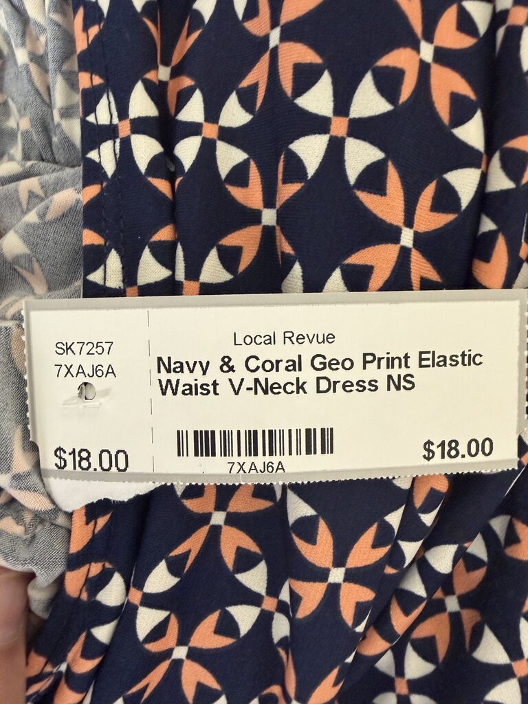 Navy & Coral Geo Print Elastic Waist V-Neck Dress