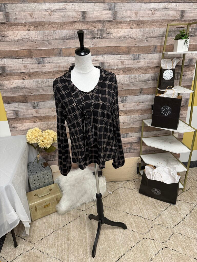 Ann Taylor Black & Tan Plaid Tie Front Blouse