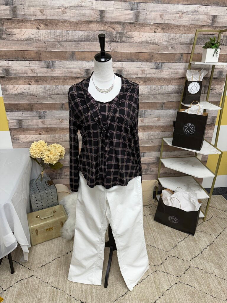 Ann Taylor Black & Tan Plaid Tie Front Blouse