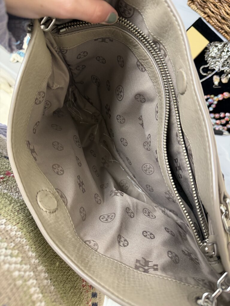 Tory Burch Khaki Pebbled Shoulder Tote w/Silver Chain