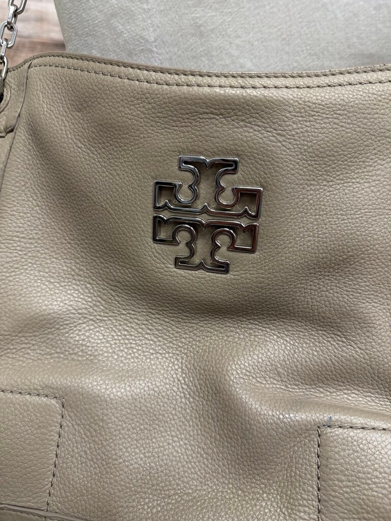 Tory Burch Khaki Pebbled Shoulder Tote w/Silver Chain