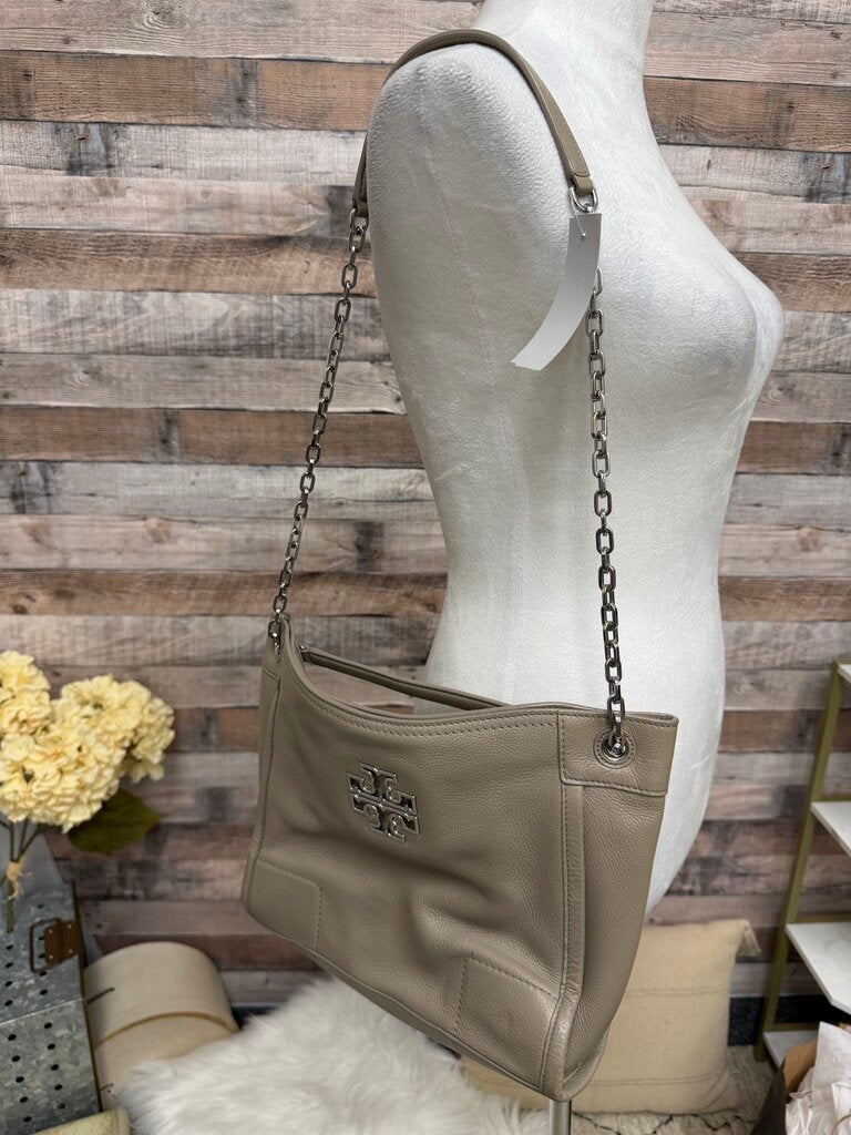 Tory Burch Khaki Pebbled Shoulder Tote w/Silver Chain