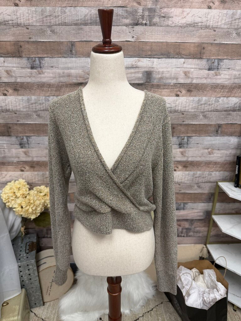 Free People Taupe/Gold Metallic Wrap Sweater