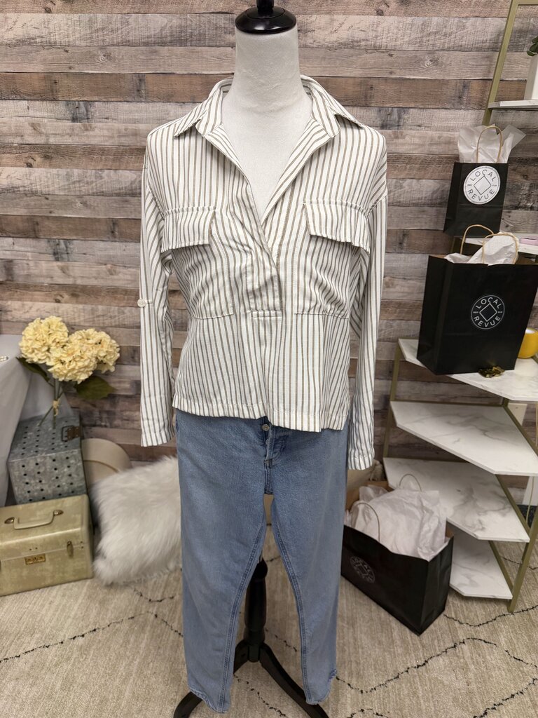 Max Studio Collard Long Sleeve Tan and White Button Down