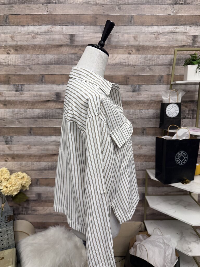 Max Studio Collard Long Sleeve Tan and White Button Down