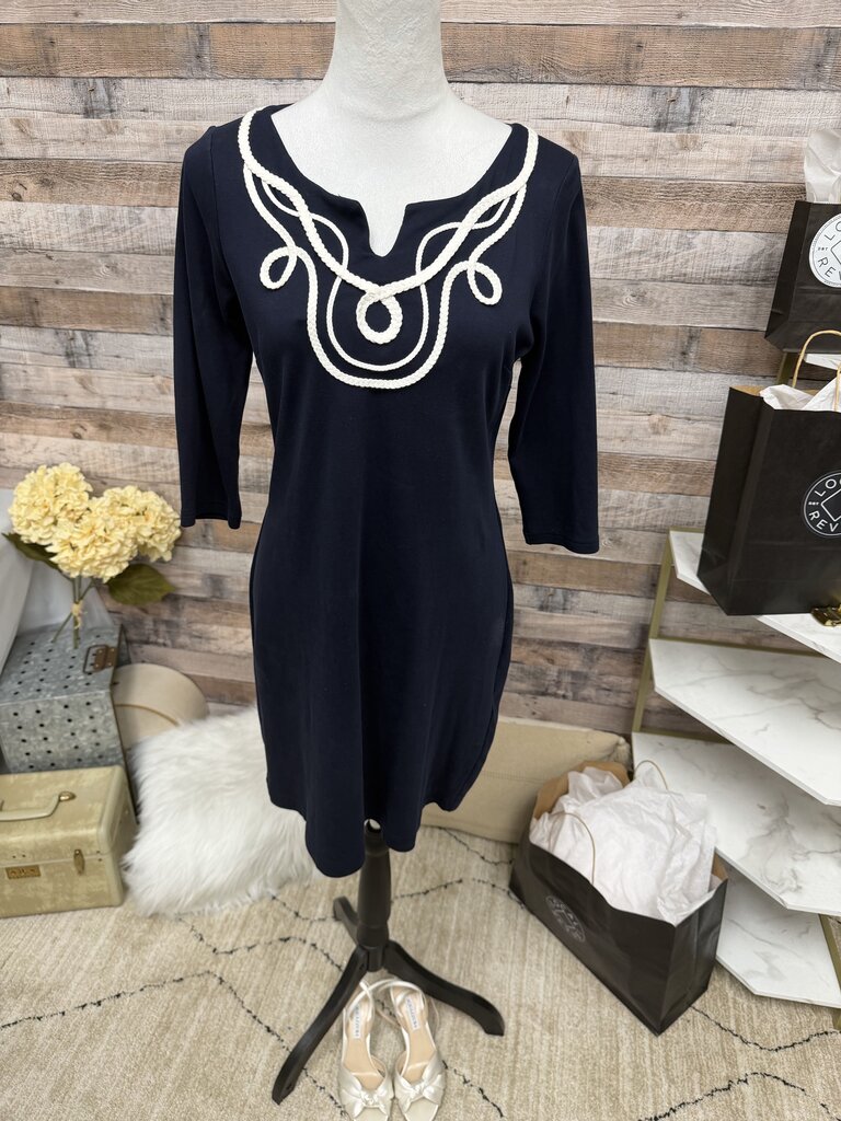 Talbots Petites Navy Dress With White Top Embroidery
