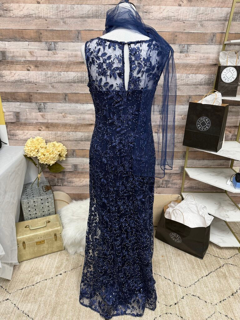 Alex Evening Navy Lace & Rhinestone Detail Gown