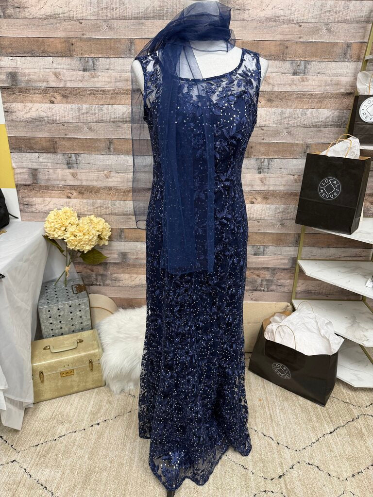 Alex Evening Navy Lace & Rhinestone Detail Gown