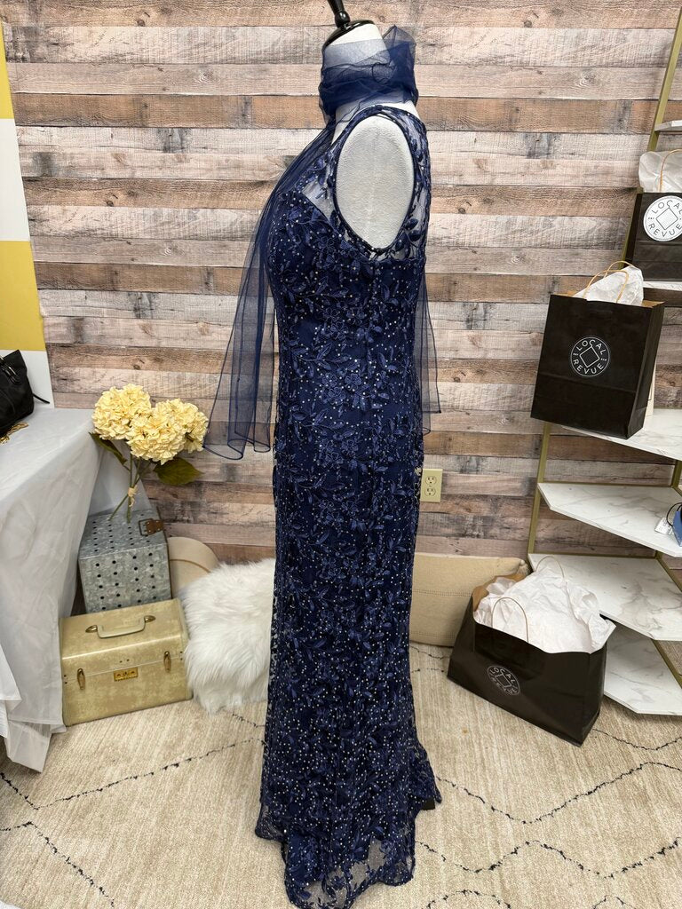 Alex Evening Navy Lace & Rhinestone Detail Gown