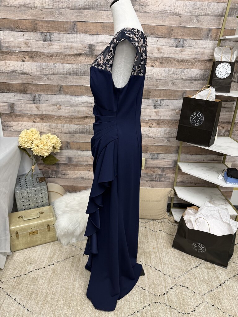 Alex Evening Navy Side Ruflle Embroidered Sleeveless Gown