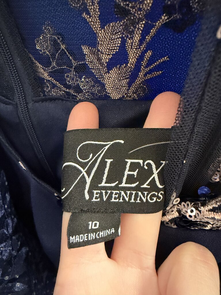 Alex Evening Navy Side Ruflle Embroidered Sleeveless Gown