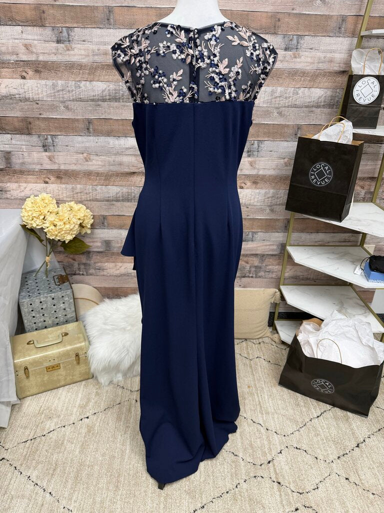Alex Evening Navy Side Ruflle Embroidered Sleeveless Gown