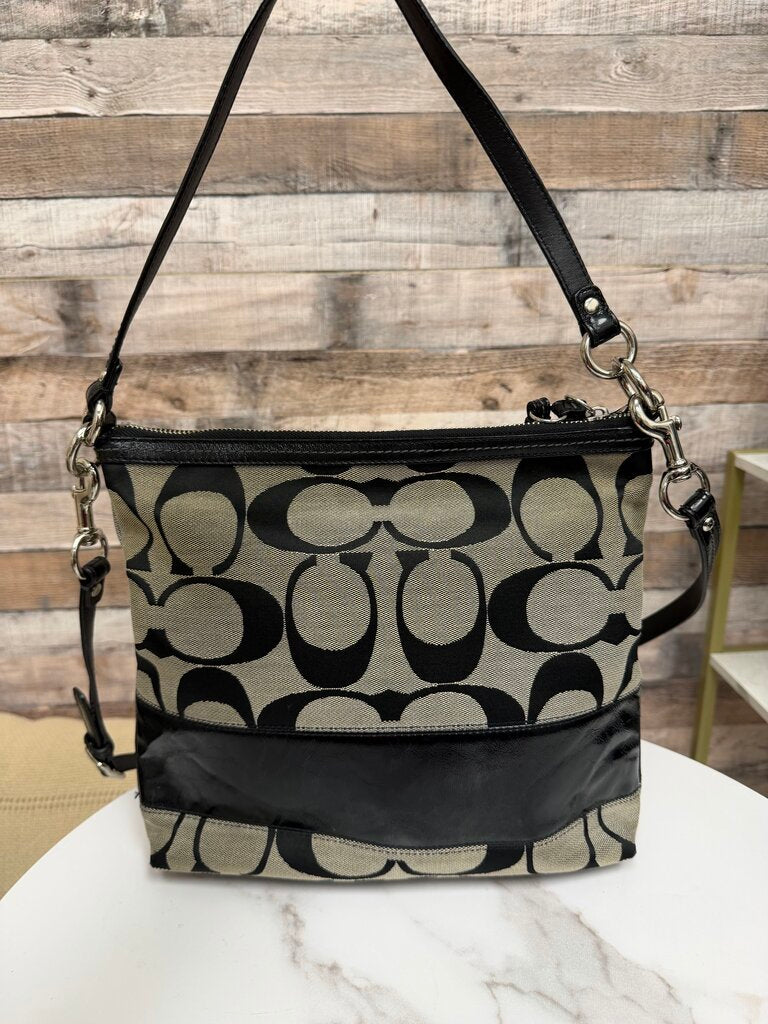 Coach Canvas w/Black Leather Trim Jacquard Shoulder