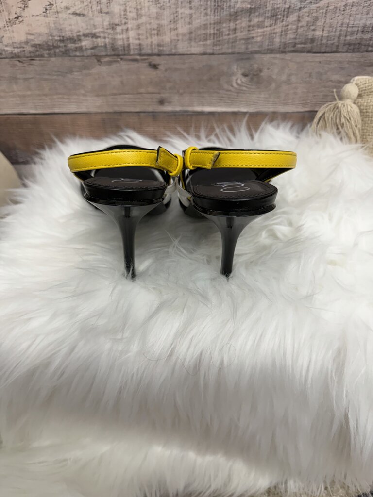 Black/White/Yellow Calvin Klein Leather Strappy Heeled Sandals