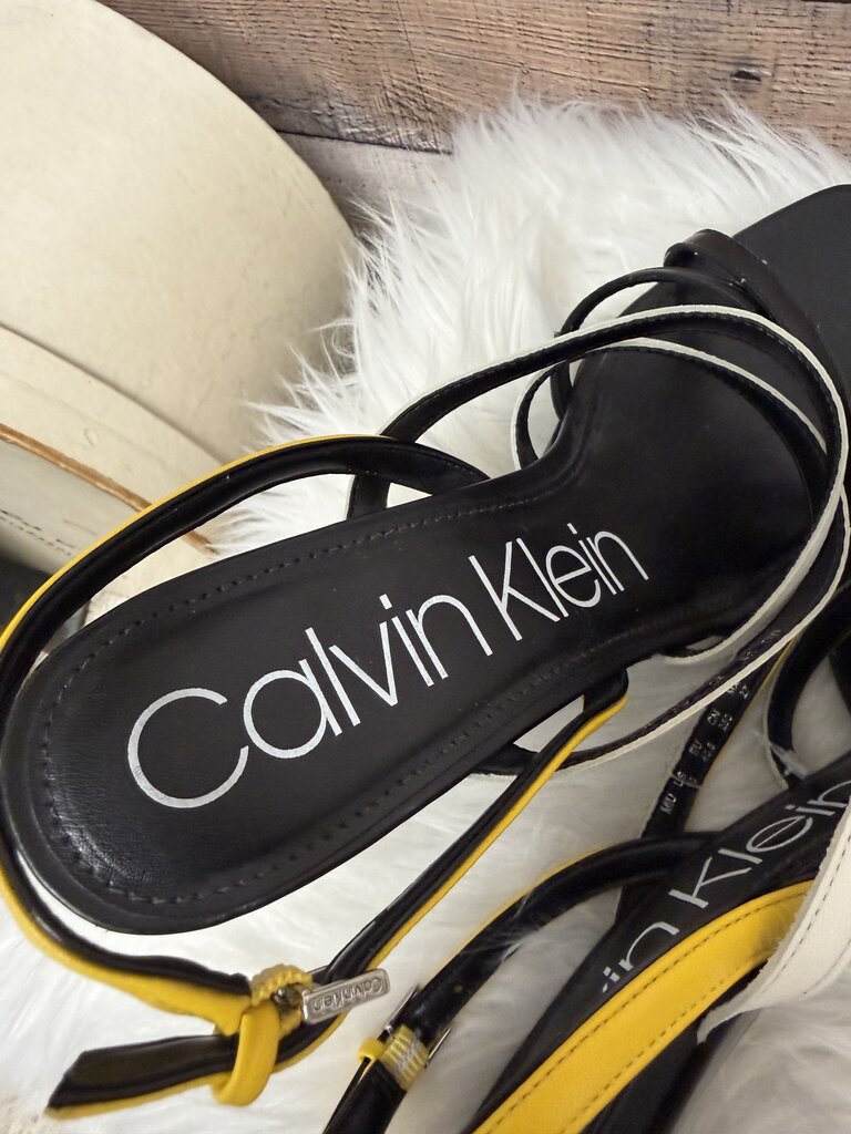 Black/White/Yellow Calvin Klein Leather Strappy Heeled Sandals