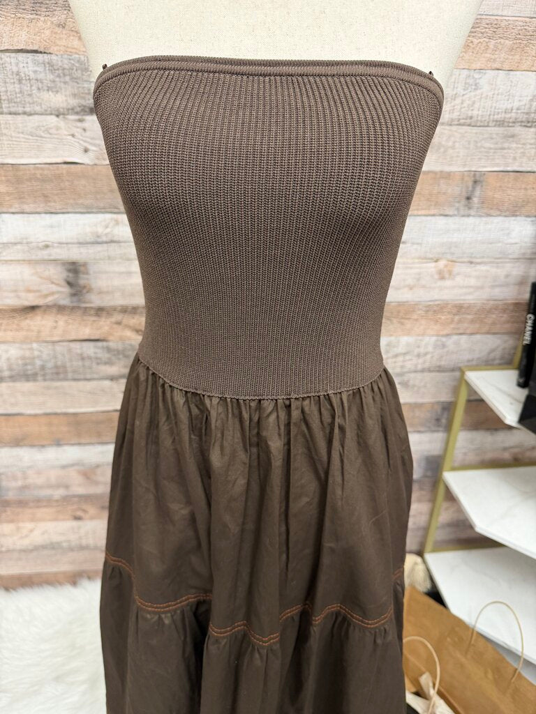 Brown Moon River Strapless Tiered Midi Dress