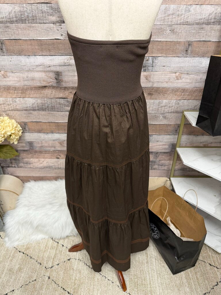 Brown Moon River Strapless Tiered Midi Dress