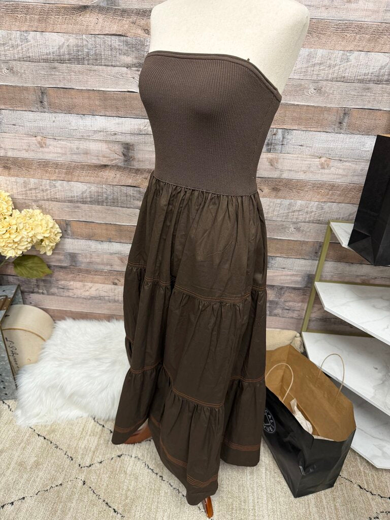 Brown Moon River Strapless Tiered Midi Dress